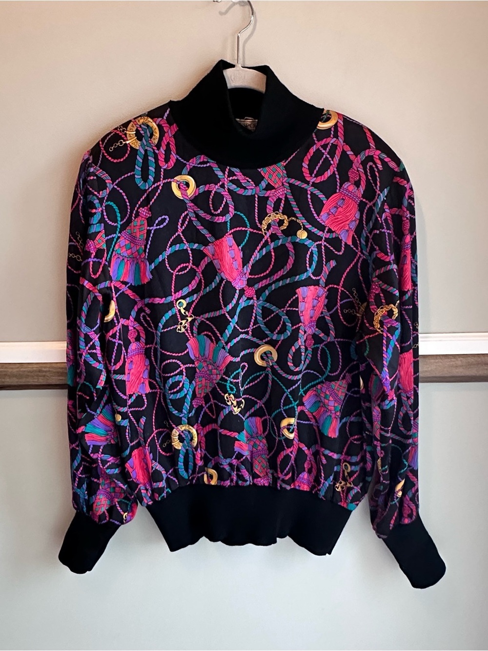 Vintage Carlisle Black Pink Silk Turtleneck Tassel Bomber Style Shirt